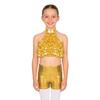 Girls Mock Neck Sleeveless Sequin Crop Top Tiered Shiny Metallic Shorts Stage Dance Outfit