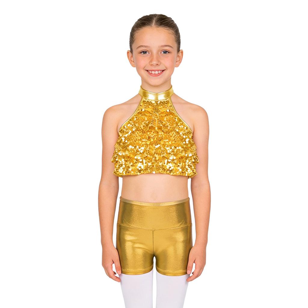 Top Corto da Bambina con Collo Alto Senza Maniche e Paillettes Pantaloncini Stratificati Lucidi Metallici Outfit per Danza sul Palco