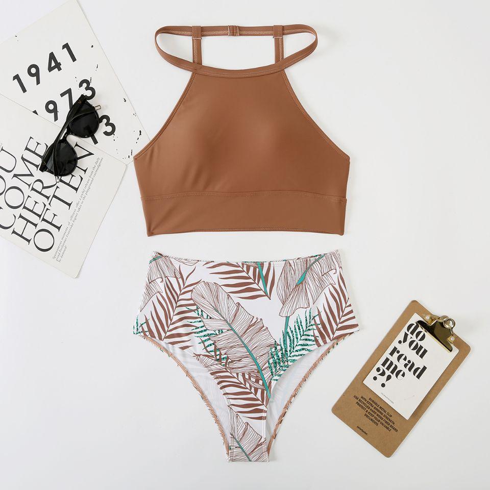 New split swimsuit women's solid color vest-style bra high waist printed briefs hip-wrapped swimsuit
