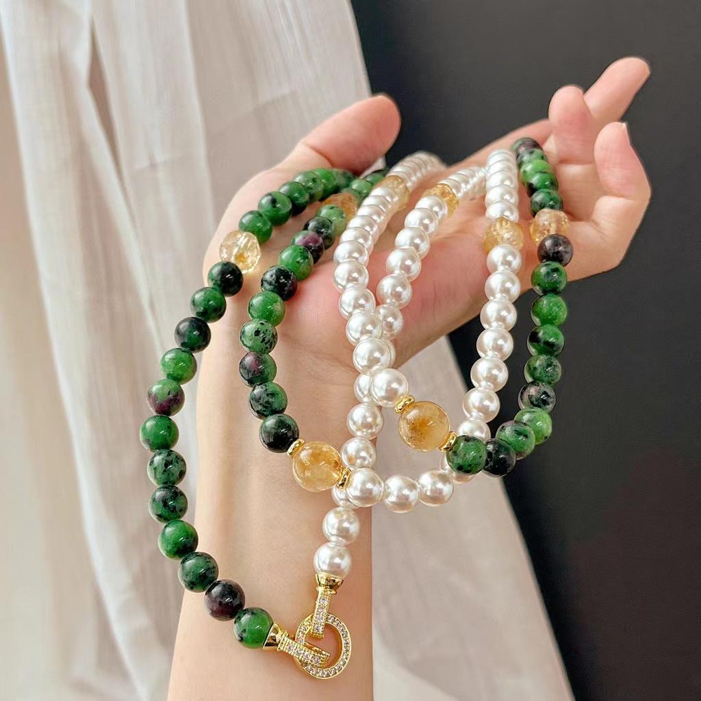 Retro Natural Citrine Red And Green Treasure Artificial Crystal Cold White Imitation Pearl Collarbone Chain Necklace