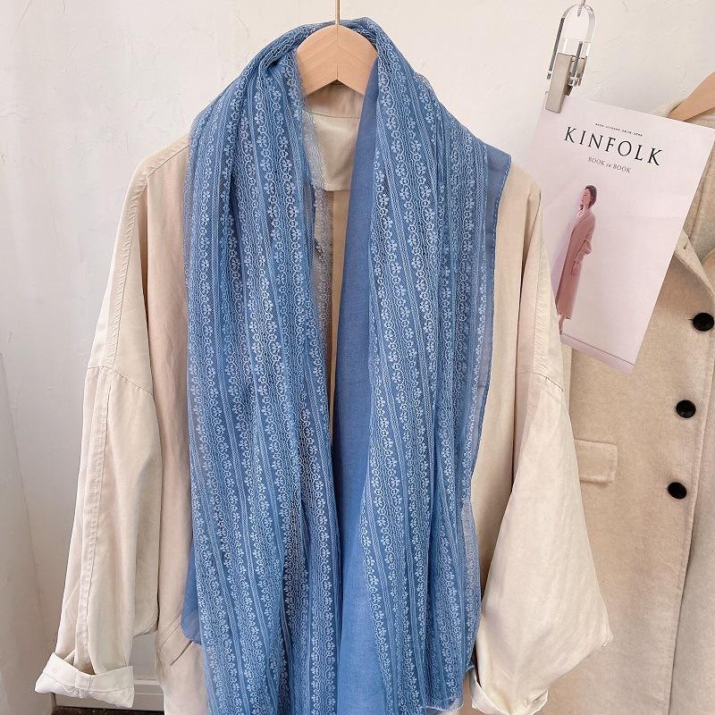 Eșarfă de Modă din Bumbac și In 180*90cm cu Garnitură de Dantelă, Eșarfă Șal pentru Patru Sezoane, Gaze de Plajă Lungă și Ușoară pentru Călătorie