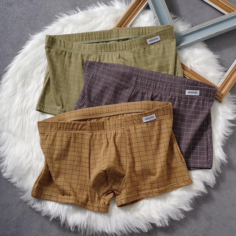 Men's Plaid Cotton Boxer Briefs - Antibacterial, Breathable, Loose Fit, Plus Size