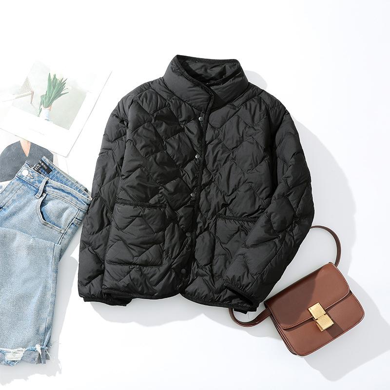 

Женская сверхлегкая пуховая куртка Осень Зима Верхняя одежда Повседневная Аргайл Воротник-стойка Простая куртка Корейский стиль XS чёрный