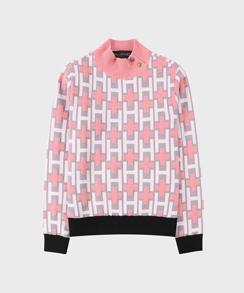 HELVESKO Pattern Jacquard Turtleneck Sweater (Pink)