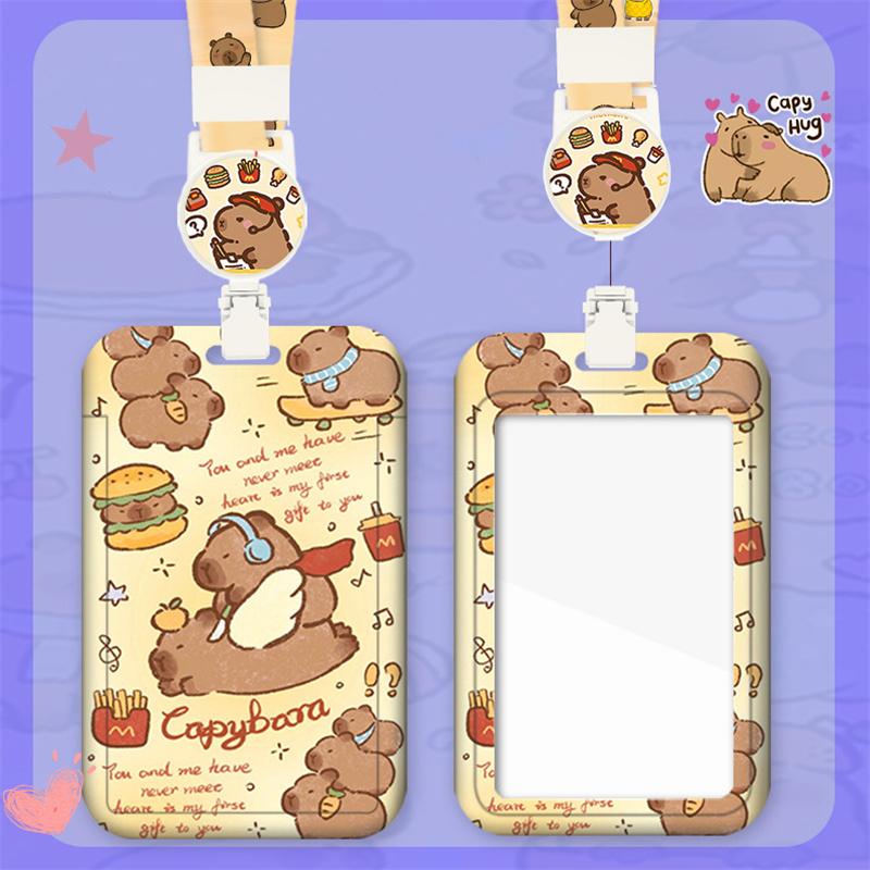 Capybara Cartoon Card Holder With Easy Pull Clip Retractable Neck Lanyard Student Card Work Card Traffic Card Holder