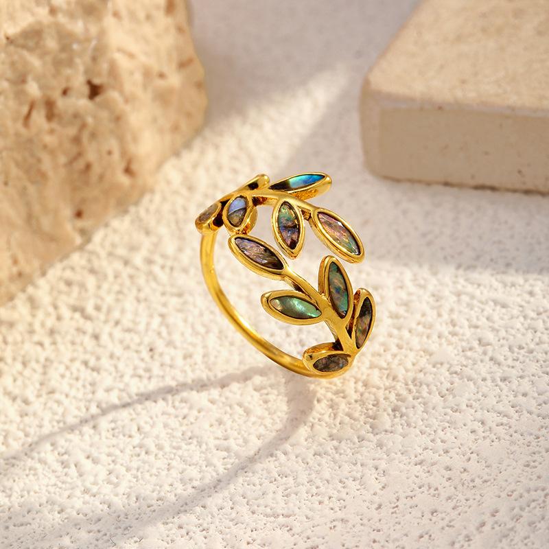 European and American ins style fashion inlaid shell leaf ring women's personality high sense temperament titanium steel gold-plated open ring
