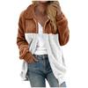 Women's Casual Color Blocking Loose Plush Zippered Flip Collar Jacket With Pockets