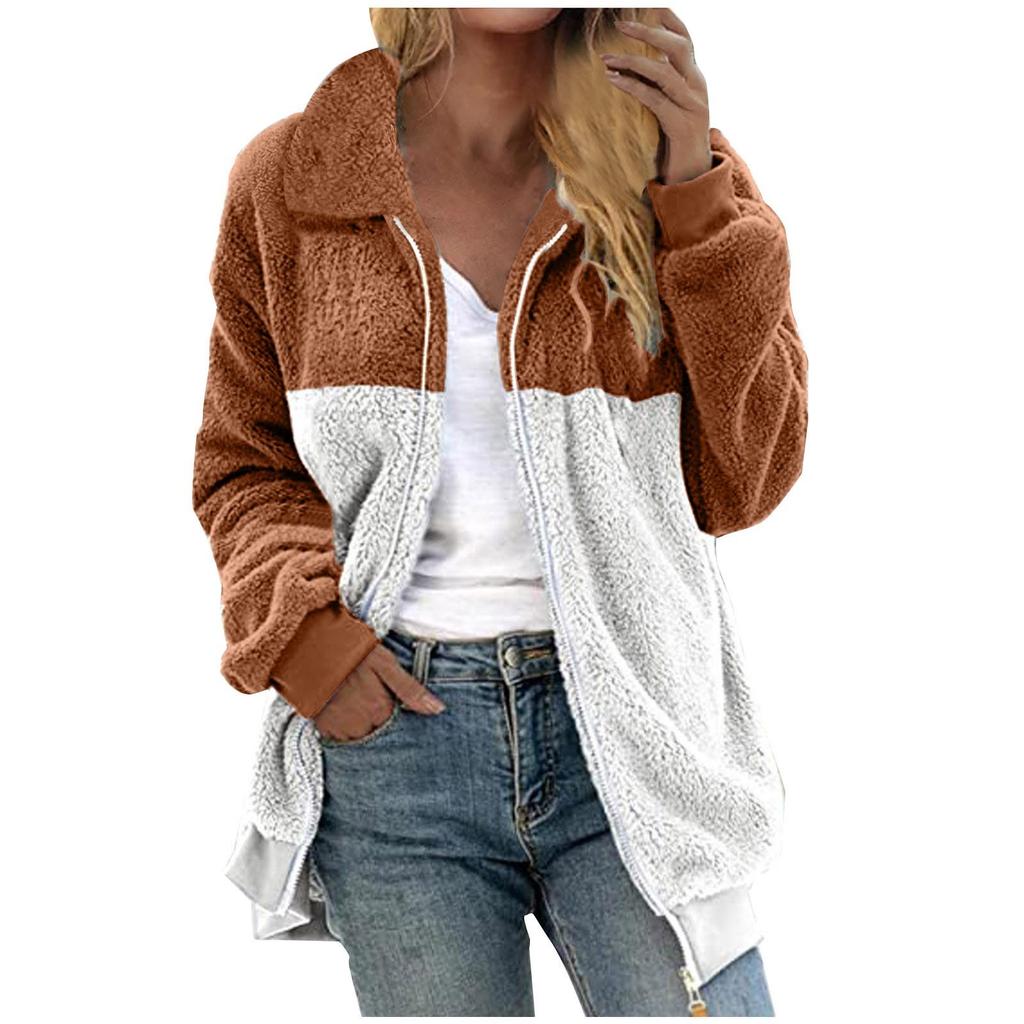 Women's Casual Color Blocking Loose Plush Zippered Flip Collar Jacket With Pockets