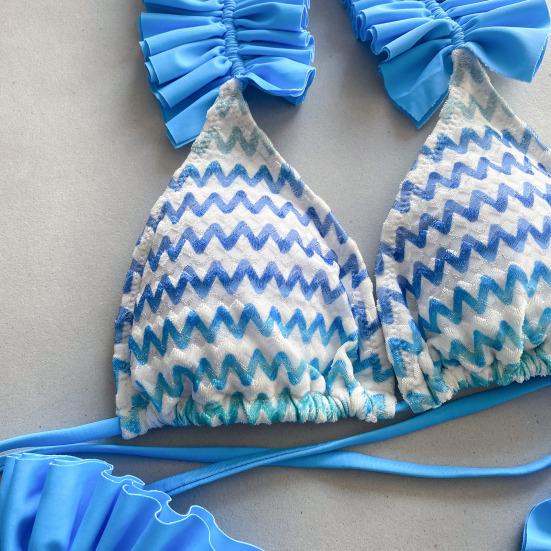 3 Pcs/Set Women Bikini Set Color Matching Lace-up Halter Neck Shirring Pleated