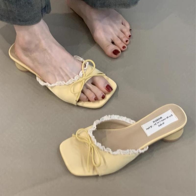 Fashion Bow Women Slippers Fashion Dress Shoes Elegant Designer Heeled Sandals Woman Summer 2025 New Slides Luxury Zapatillas De Mujer