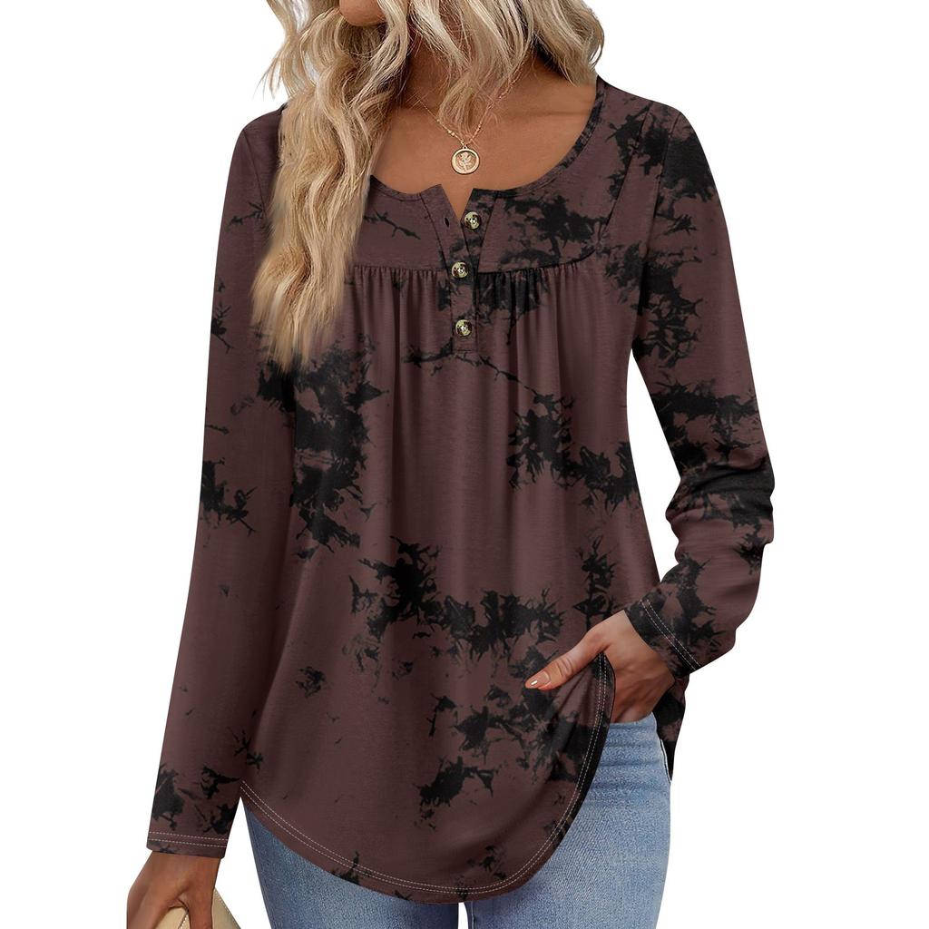 Dame Langermet Tunika Løse Topper Casual Oversized Topper Plissert Tunika Knapper Ned Casual Dame Print Topper