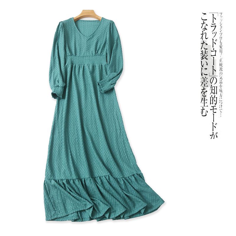 

Ruched Pattern Dress Spring & Fall New Export Female V Neck Pullover Long Sleeves Elastic High Waist Ruffled Long Dress 28917 Blue-green A- 5-13-1 XS