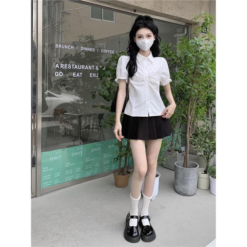 

Женская летняя приталенная блузка с короткими рукавами-буфами и комплект школьной формы JK S