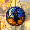 2D Flat Stained Glass Black Cat Pumpkin Window Decoration, 6.3/7.87 Inch Colorful Glass Plate with Chain, Charming Fall Sun Catcher Home Decor