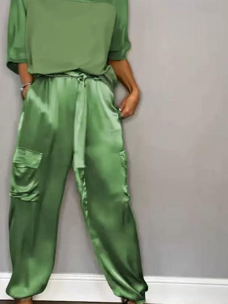 Women's Two Piece Set - Sleeveless Top & Pants, Solid Color Loose Casual Smooth Satin Pocketed Fashion Outfit