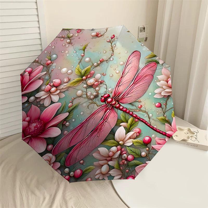 

1PC Dragonfly Flowers Automatic Open Close Umbrella with Windproof, 8-Rib Sturdy Canopy, Durable Ribs, Fashionable Design, Outdoor Accessory, Fun Prin