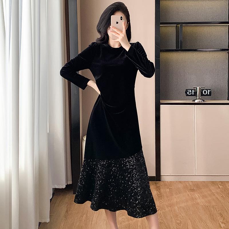 Autumn and winter bottoming velvet dress, fishtail shiny splicing wrinkled meat covering and thin dress