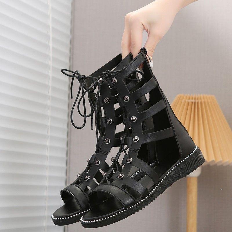 Fashion Gladiator Sandals Women Flat Sandals Summer New Hollow Out Sandal High-top Cool Boots for Women Cross Strap Roman Shoes
