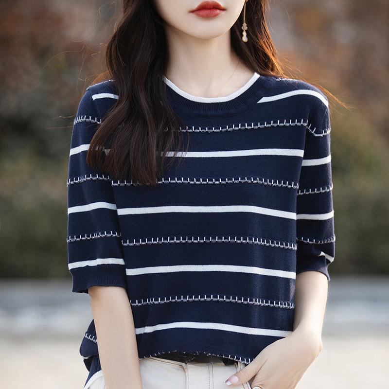 INDFS Women's Fashion Casual Summer Spring Stripe Print Short Sleeve O-Neck Blouses & Shirts