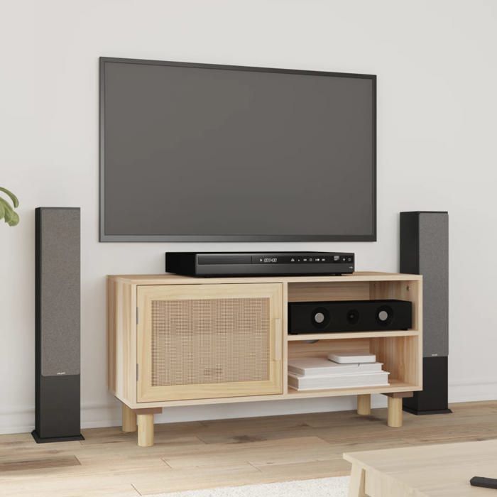 VidaXL TV Stand Brown 80x30x40cm Solid Pine Wood and Natural Rattan 345614