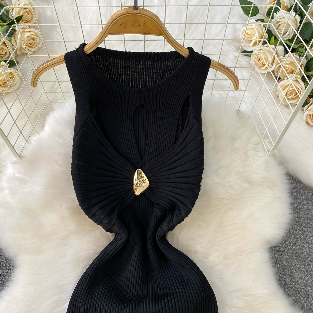 Summer Women Elegant Sleeveless Hollow Out Office Work Midi Knitted Sweater Pullover Sheath Dresses For Ladies