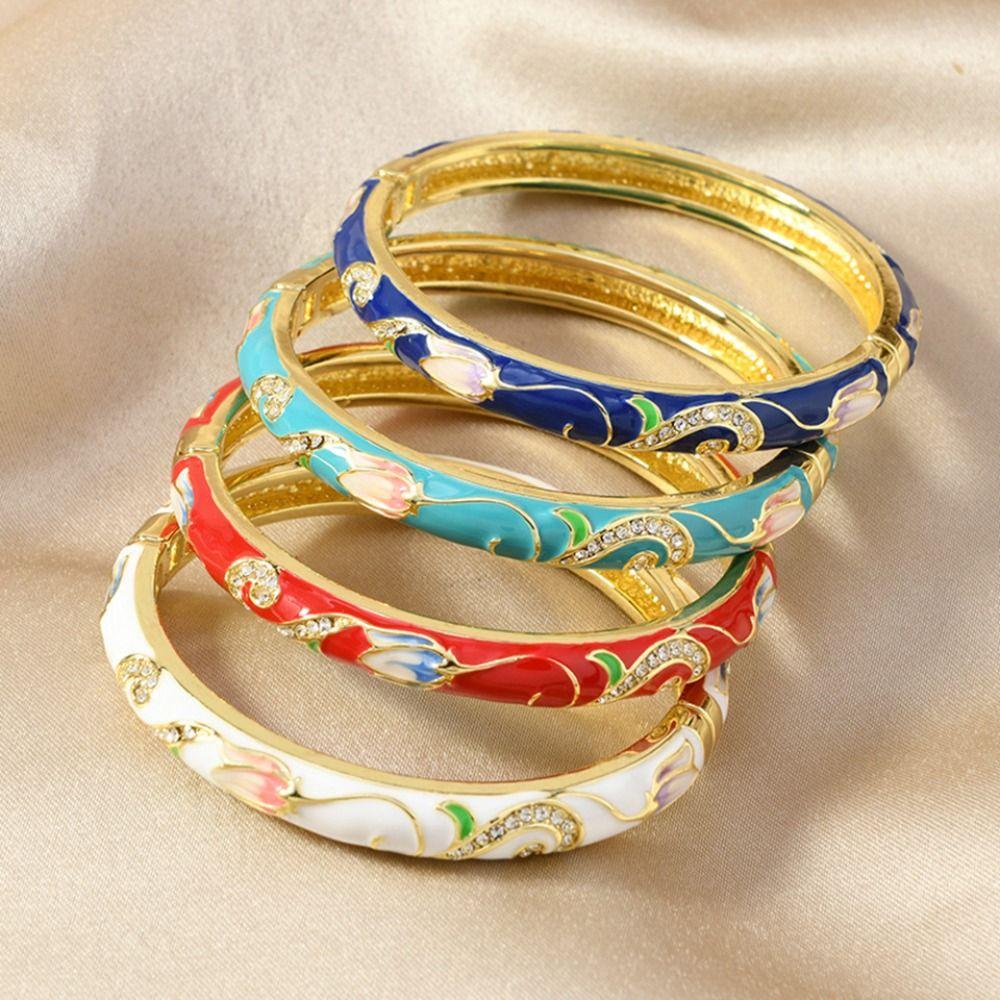 Traditional Peony Filigree Flower Bangle Open Cheongsam Bracelet Chinese Cloisonne Bracelet  Dinner
