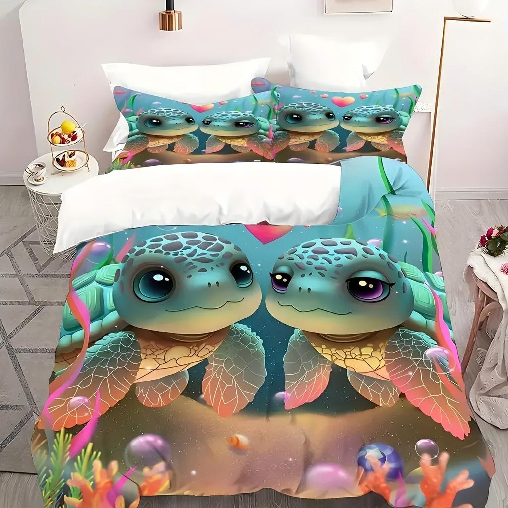 Cute Turtles Pattern 3D Printed Duvet Cover Set Cartoon Couple Style Bedding Set Soft Comfortable Luxury Quilt Cover Pillowcase