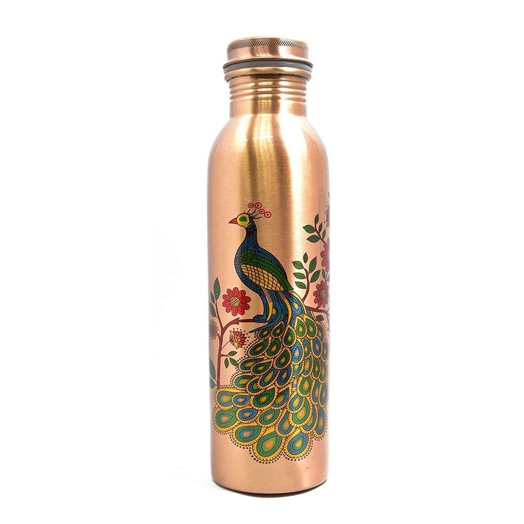 Butelka na wodę Pure Copper Peacock Designer z zaawansowaną ochroną przed przeciekaniem, korzyści zdrowotne ajurwedy i jogi. (1000 ml, 1 jednostka, opakowanie 1 szt.)