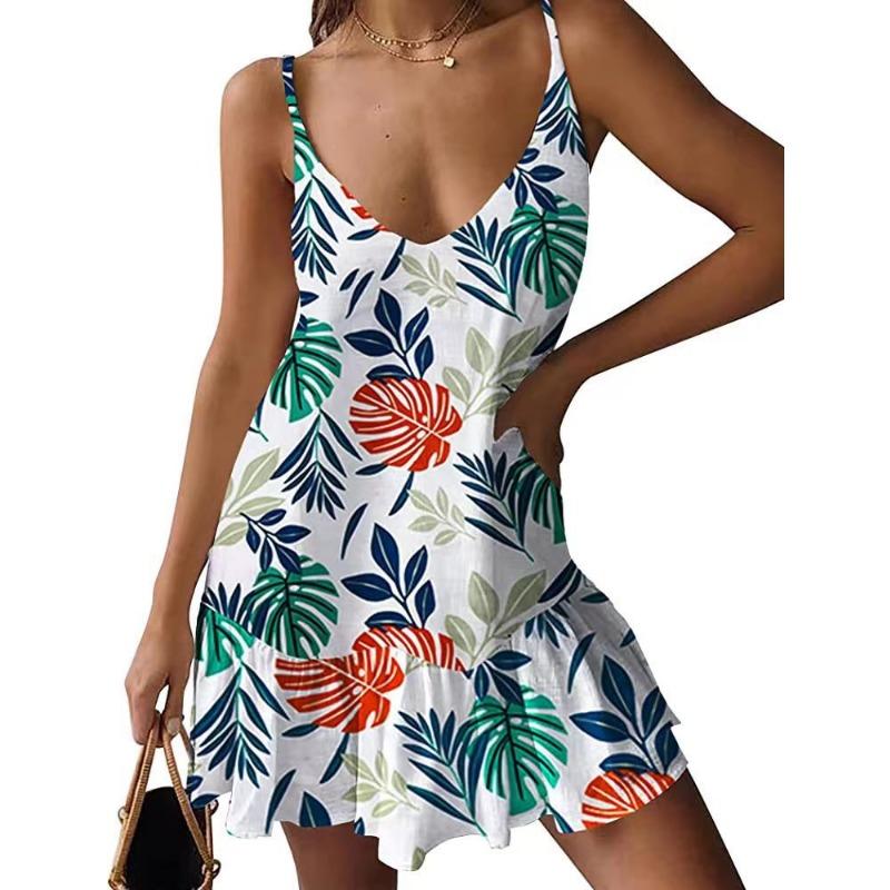YYFS Women's Fashion Summer Spring Solid Color Print Sleeveless V-Neck Loose Waistline Casual Dresses