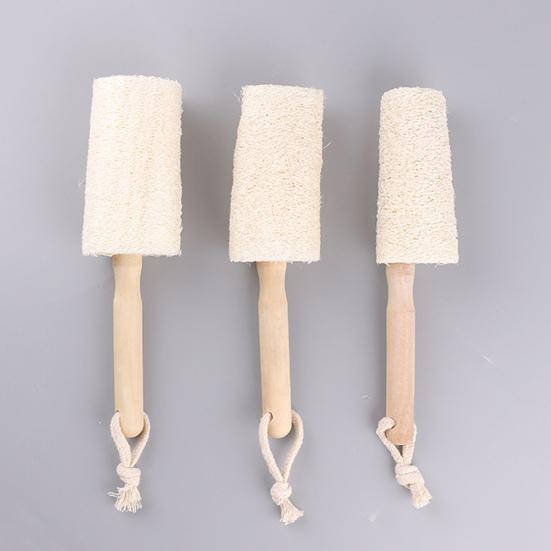 Wooden Handle Cup Brush Natural Loofah Bristles Long Thin Handle Bottles Glassware Scrubber with Lanyard Design