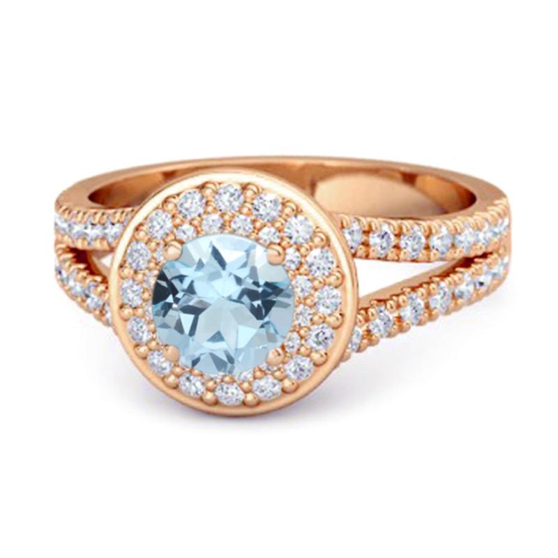 Blue Topaz Double Halo Accents Ring - 925 Sterling Silver Rose Gold Vermeil 7