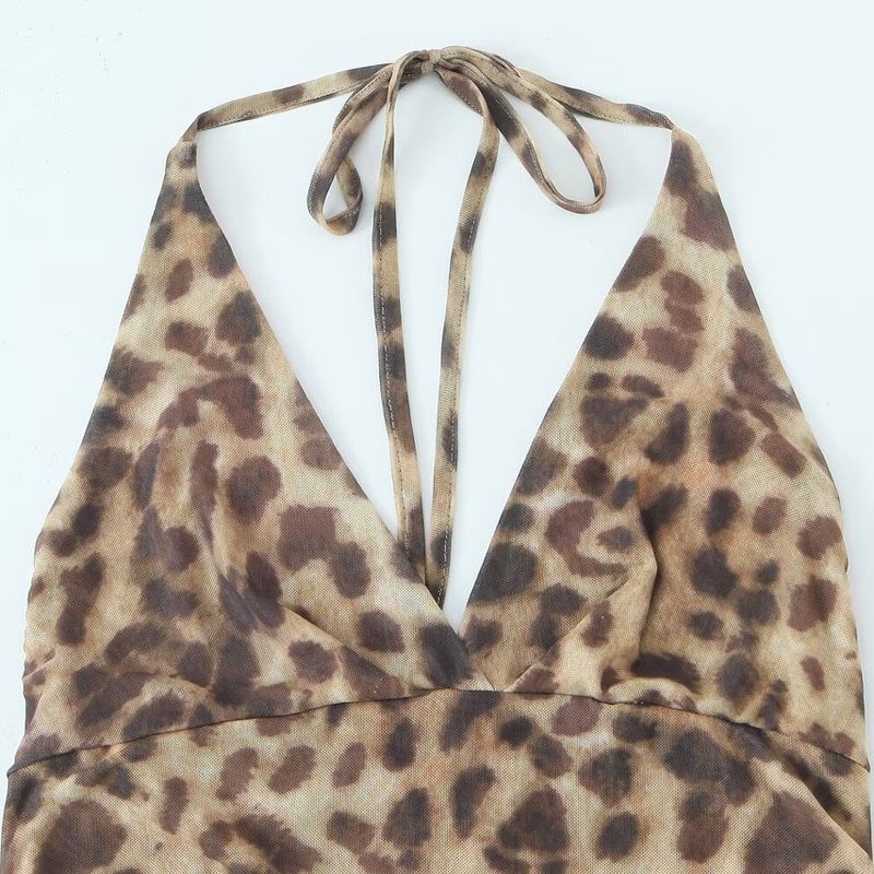 Kaslead New Arrival Women's Clothing Fashion Style Fashion Leopard Print Print V-neck Halter Irregular Dress