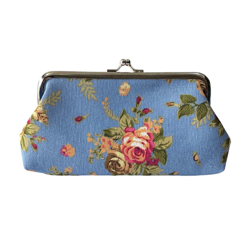 Fashion Canvas Coin Purse Rose Floral Print Long Credit Card Holder Metal Hasp Change Pouch for Women