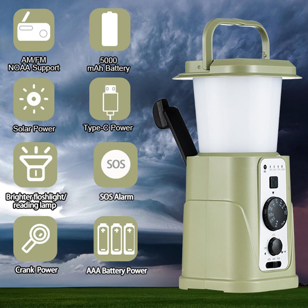 Luz de acampamento multifuncional LED Lanterna de acampamento AM/FM/WB/NOAA Rádio meteorológico portátil solar