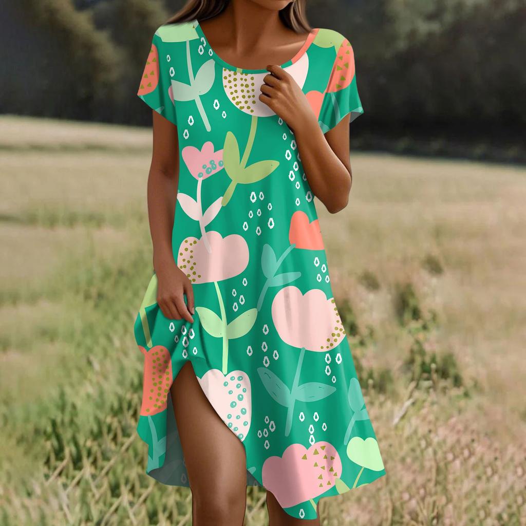 Kurzärmeliges Boho-Kleid für Damen, lässig, lockere Passform, Sommerkleid mit Blumendruck und Taschen