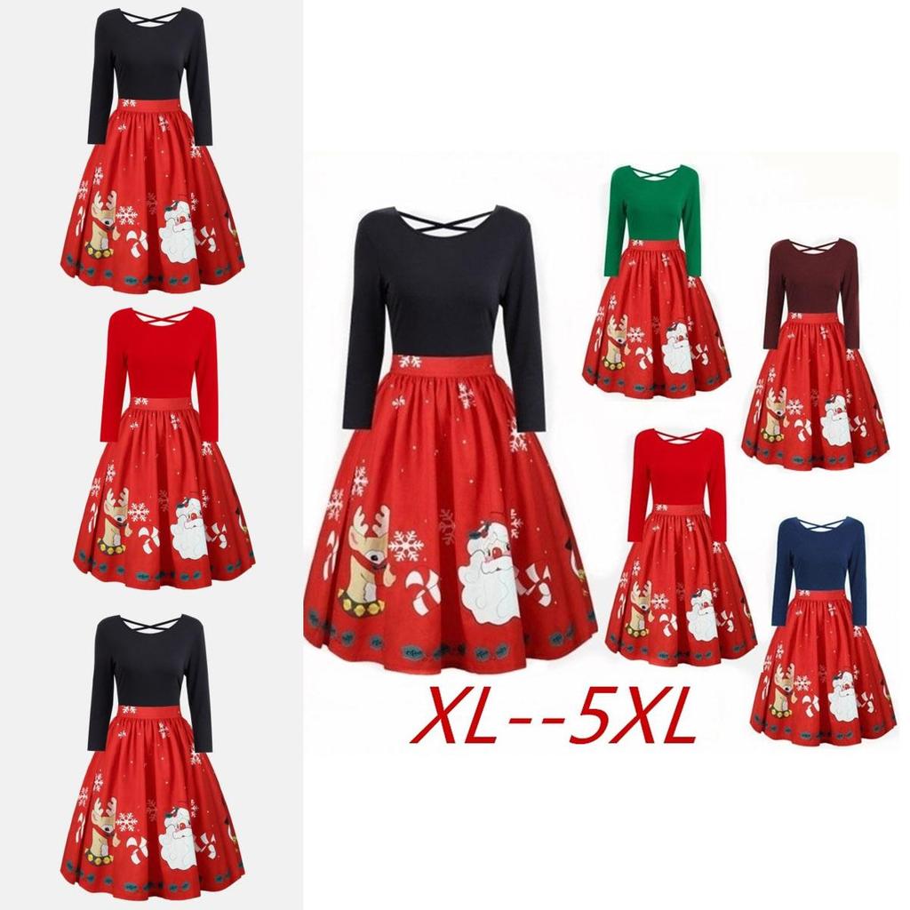 Elegant Womens Fashion Long Sleeve Plus Size Christmas Print Criss Cross Party Dress