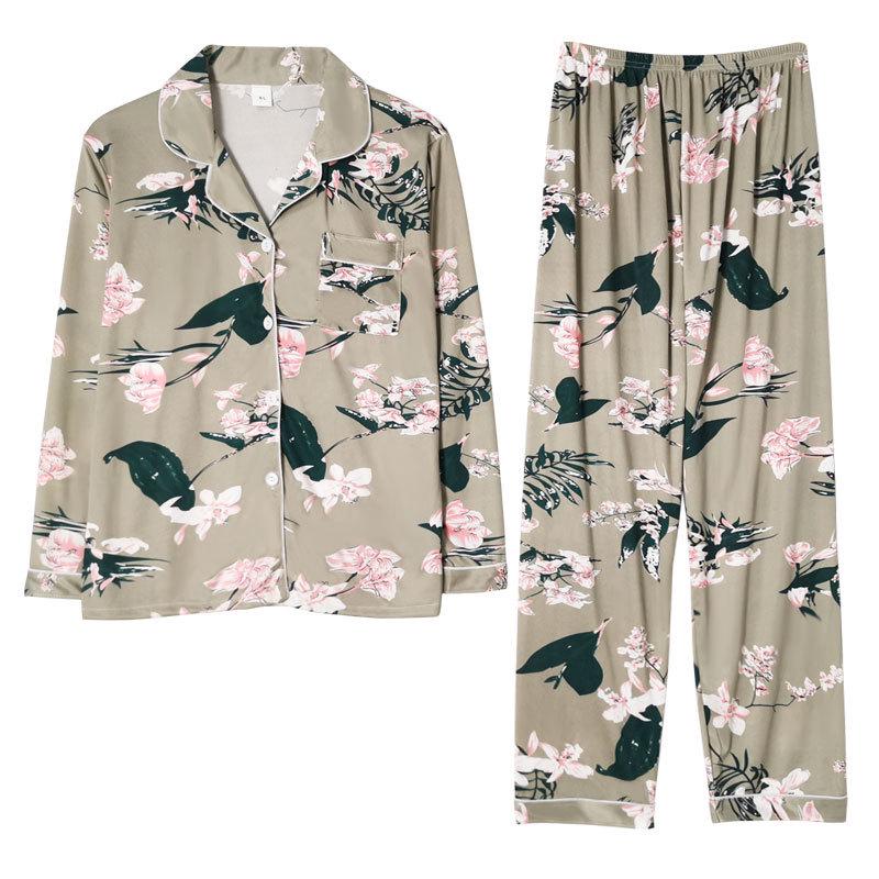 Middle-Aged Mom Long Sleeve Pajamas - Green Plant Series Cardigan, Loose Plus Size Home Set for Women, Spring/Autumn.