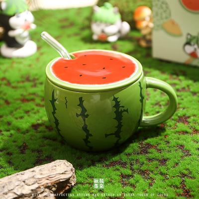 Cute Cartoon Watermelon Mug Creative Ceramic Cup Large Capacity Household Office Drinking Cup with Straw