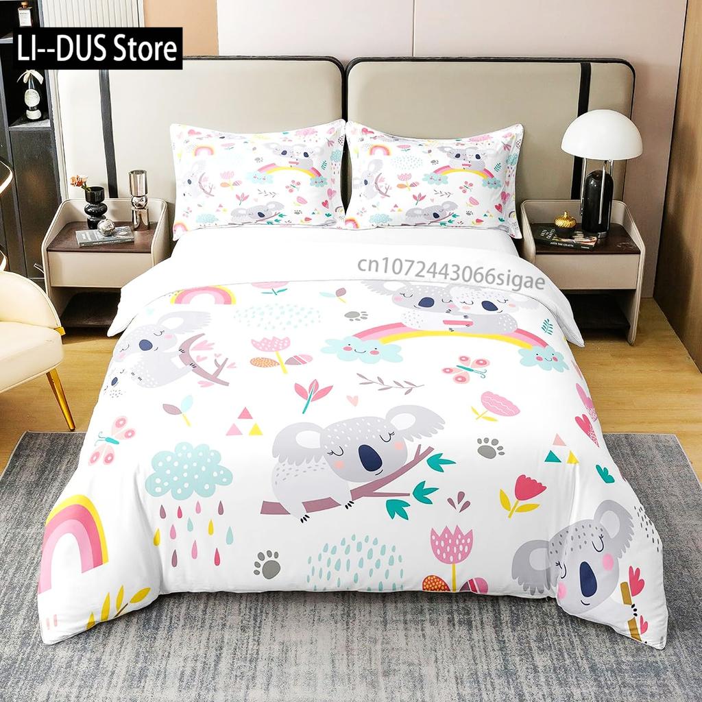 Kawaii Koala Bedding Set Full Size For Kids Boys GirlsCartoon Animal Comforter Set Quilt Duvet Green Leaves Bedroom Decor 3pcs