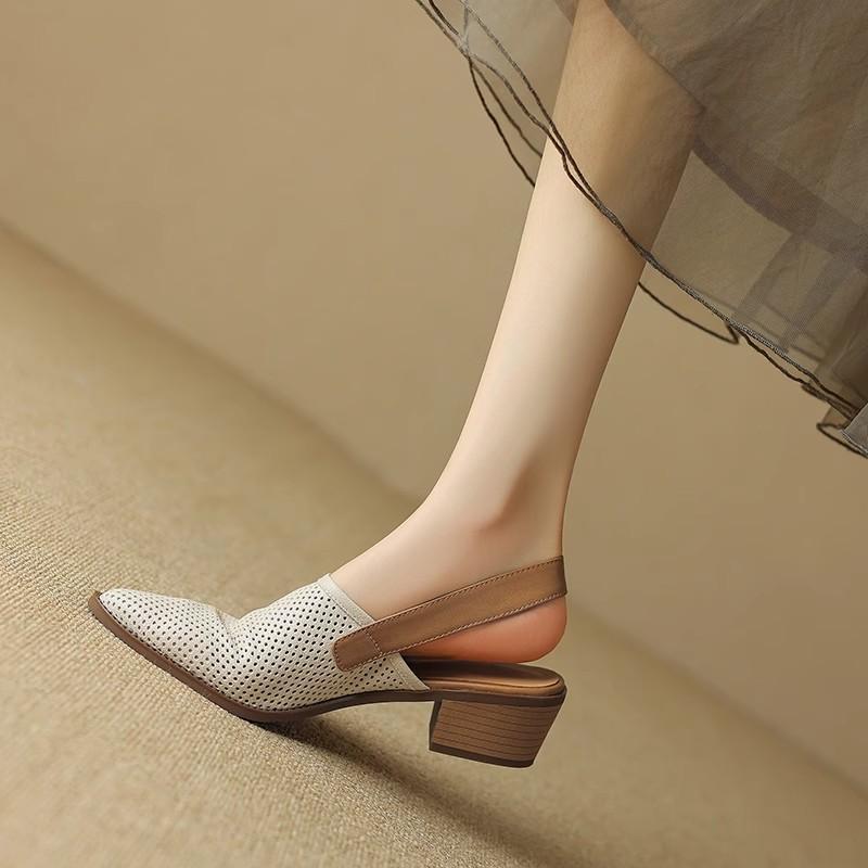 2025 summer sandals women's small hole hole breathable fly woven bag head small fragrant wind word with thick heel pointed middle heel women's shoes