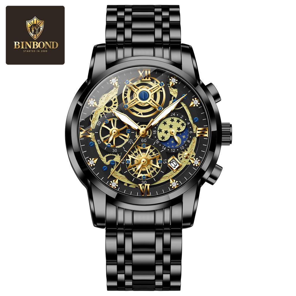 BINBOND Luxury Men's Quartz Watches Stainless Steel Date Chronograph Men Wristwatch Waterproof Luminous Fashion Man Watch