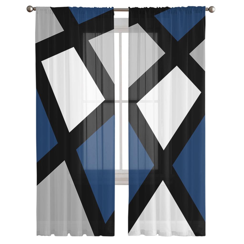 Navy Blue Black Grey Geometric Square Voile Sheer Curtains Living Room Window Tulle Curtain Kitchen Bedroom Drapes Home Decor