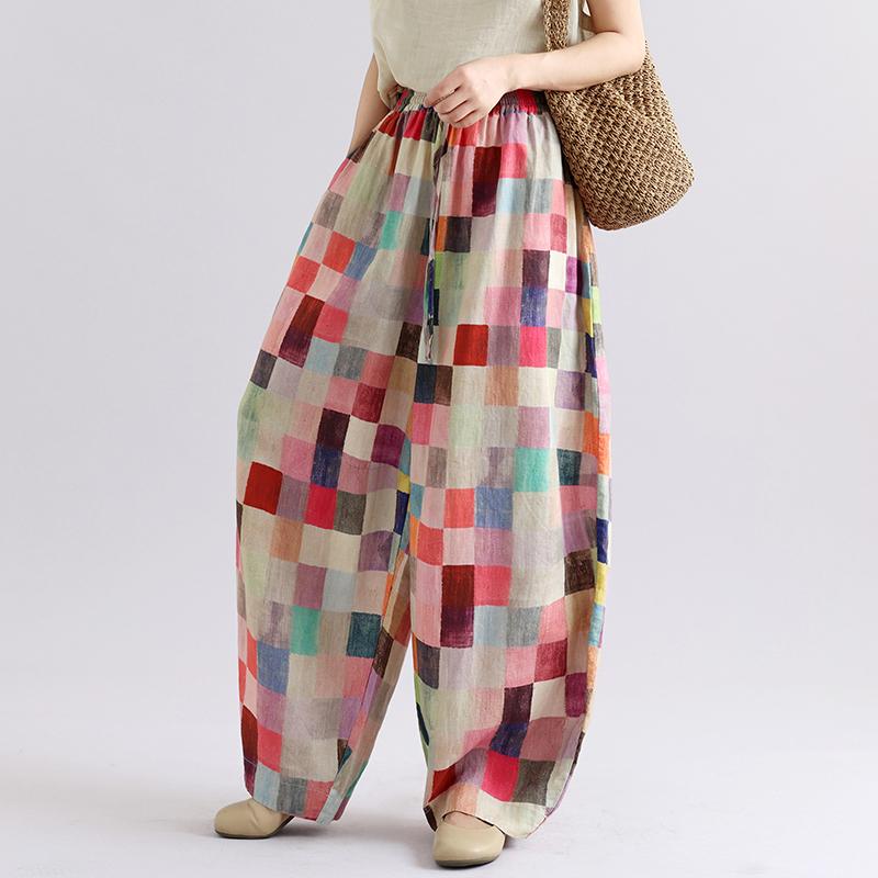 DIMANAF 2026 Autumn New Plus Size Women Long Pants Print Floral Cotton Linen Vintage Loose Elastic Waist Casual Lady Bottoms