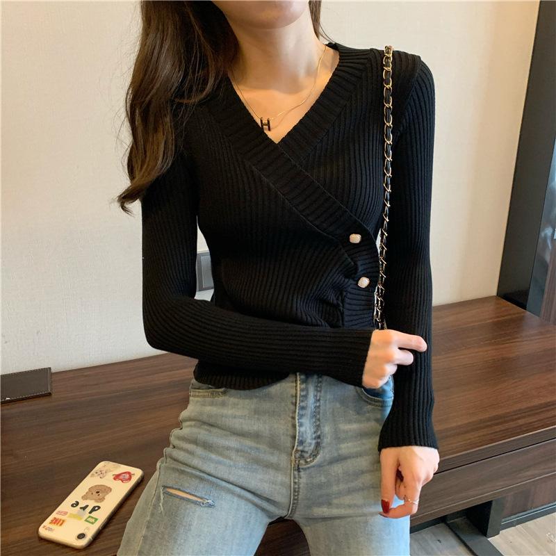 Autumn and Winter Button Irregular Long-sleeved Knitted Sweater Women's New Korean Version Design V-neck Bottoming Shirt Top