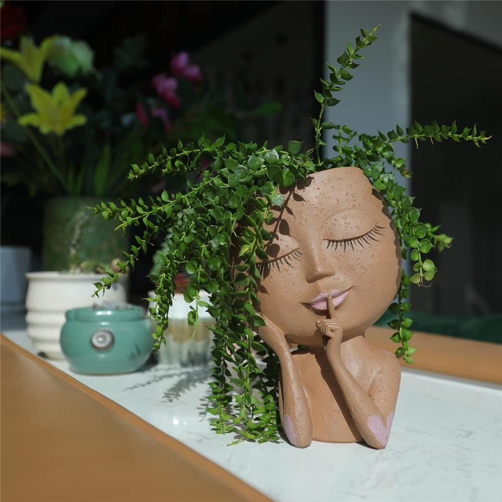 Gezicht Hoofd Planter Vetplant Bloempot Hars Container Met Afvoergaten Bloempot Figuur Tuindecoratie Tafelblad Ornament