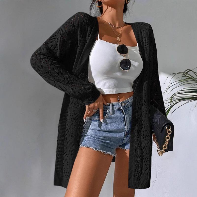 Open Front Hollow Out Knit Cardigan Long Sleeve Loose Cover Up Sweater