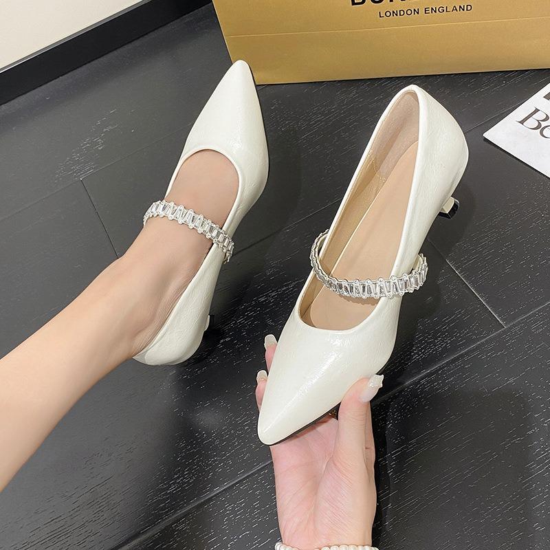Beautiful temperament shallow single shoes women's rhinestone one with Mary Jane shoes with skirt high-end pointed middle heel shoes