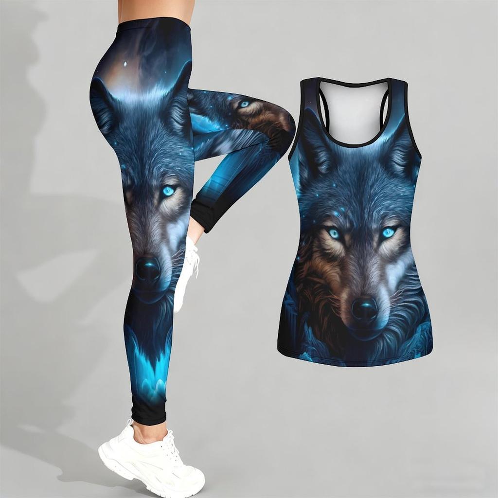 Cunning Wolf Pattern Print Yoga Outfit for Women Fashion Workout Leggings Fitness Sports Casual Yoga Set Sports Suit
