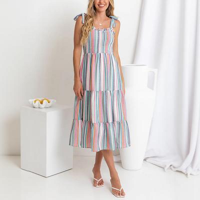 New Sweet Wind Color Vertical Stripe Suspender Dress Skirt Summer Women