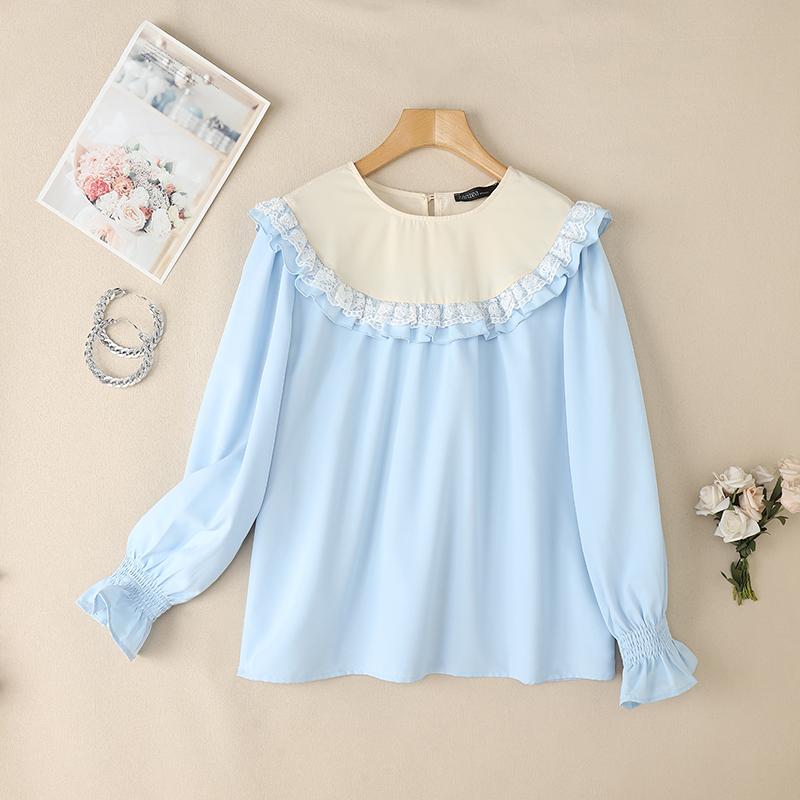 

ZANZEA Женская повседневная блузка с кружевной вставкой, круглым вырезом и длинным рукавом, свободного кроя S синий